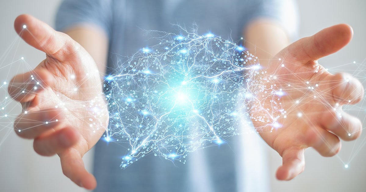 Life Coaching Illustration Of Hands With Hologram COnnections Between Them That Form A Brain